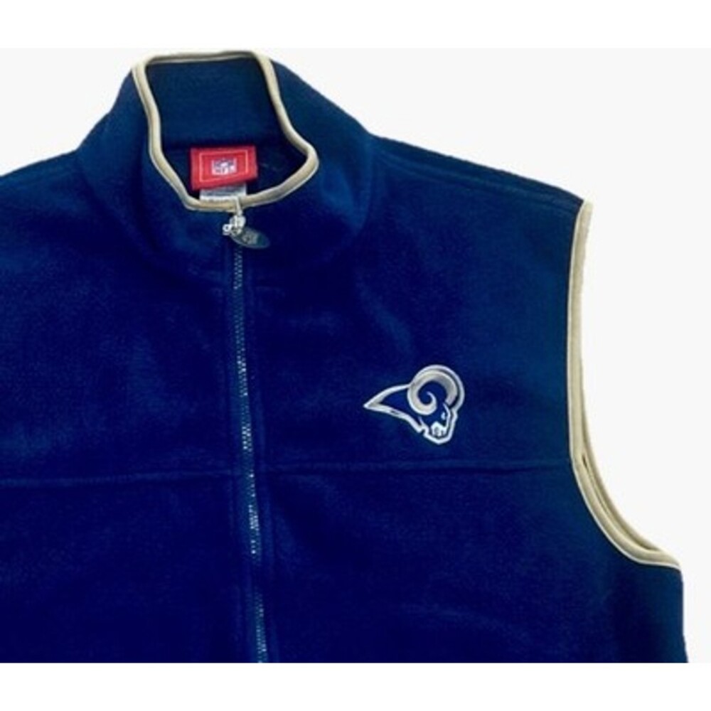 VTG NFL St Louis Rams Fleece Vest Men's L Full Zip Navy Blue Gold Trim Ram Logo